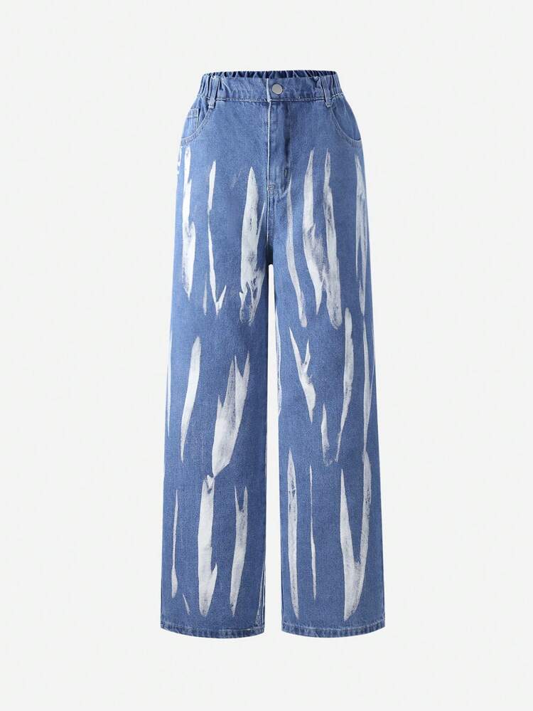 Teen Girls' Heavy Washed Water Process High Waist Straight Leg Jeans