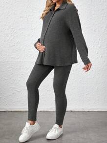 SHEIN Maternity Solid Color Loose Fit Casual Button Up 2-Piece Outfit - Grey - View 4