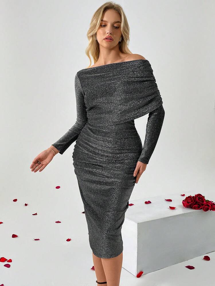 Women's Off Shoulder Pleated Bodycon Dress