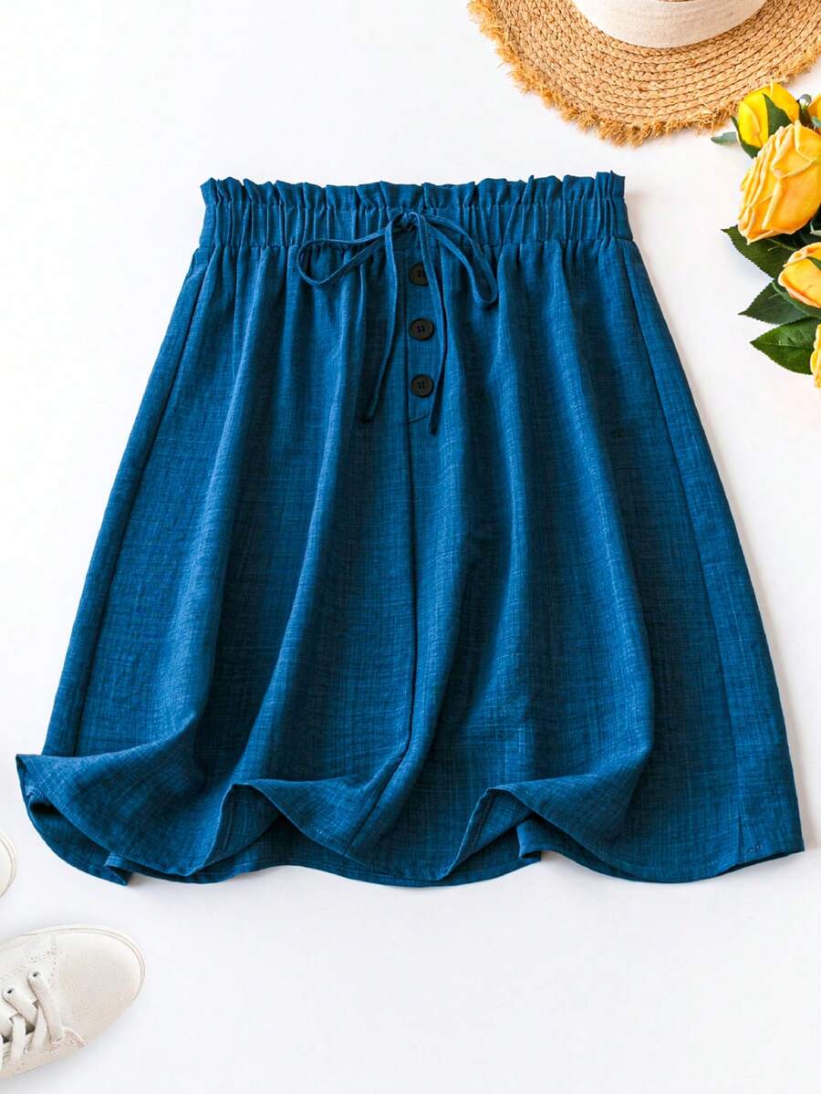 SHEIN LUNE Plus Size Women'S Elastic Waist Button Front Skirt - Blue - View 1