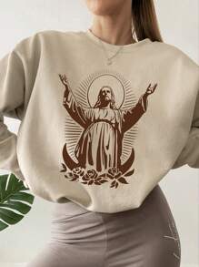 SHEIN EZwear 大碼和花印花毛絨衛衣 - 卡其色 - 查看 1