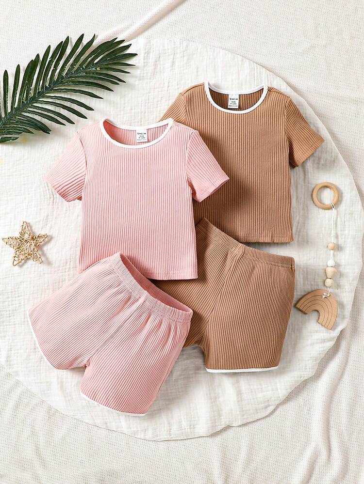 Baby Girl Leisure Solid Color Short Sleeve T-Shirt And Shorts Home Wear Set In Knitted Fabric, 4pcs