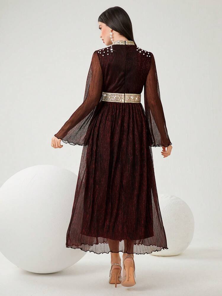 Burgundy Red Women's Pearl Stud & Sequin Splice Flare Sleeve Dress