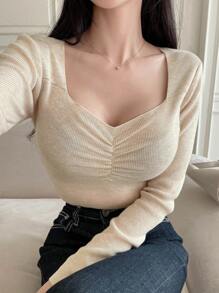 DAZY Áo len dài tay xếp ly dáng ôm màu trơn dành cho nữ, quần áo mùa thu - Màu be - Xem 6