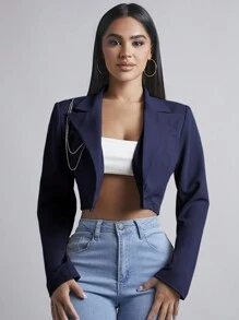 SHEIN PETITE Women's Single Button Cropped Blazer - Navy Blue - View 5