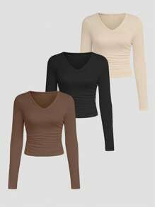 SHEIN Unity 女裝v領長袖修身t恤 - 棕色 - 查看 3