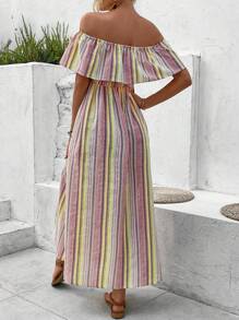 Breezaya 條紋露肩荷葉邊裝飾連身裙 - 彩色 - 查看 2