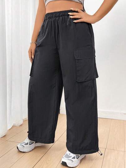 Flirla Plus Size Solid Color Drawstring Cargo Pants