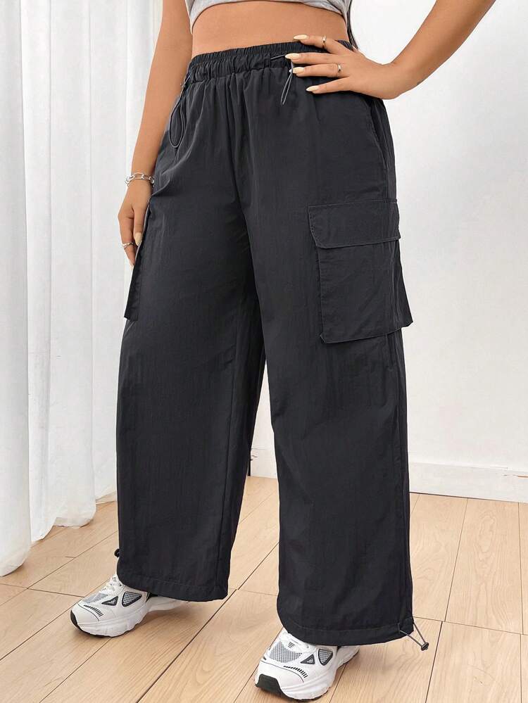 Plus Size Solid Color Drawstring Cargo Pants