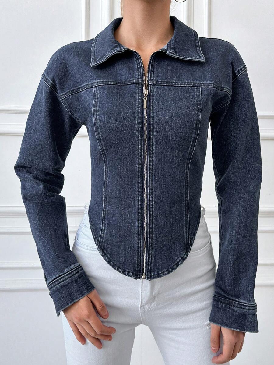 RueChic Women's Zip Fly Denim Jacket - Dark Wash - View 1