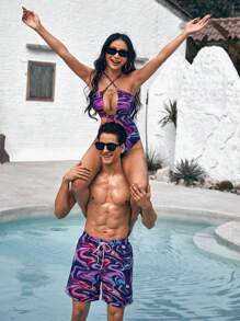 Manfinity VDAYZ 1pc Men's Marble Printed Drawstring Waist Beach Shorts Couples Matching Swimwear Vacation,Hawaiian - Multicolor - View 1