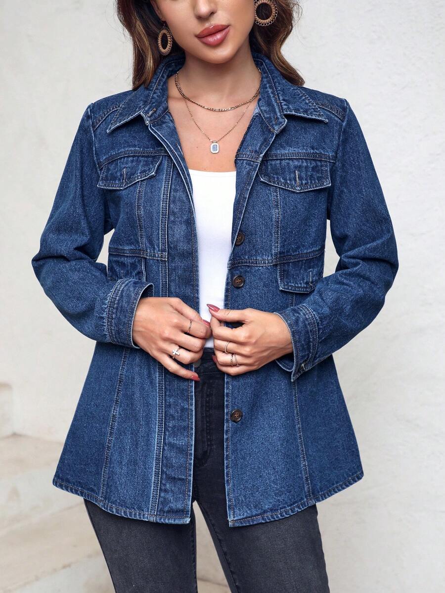 SHEIN LUNE 休閒前扣牛仔夾克 - 深色水洗藍 - 查看 1
