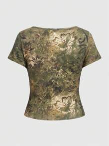 ROMWE Fairycore Women'S Floral Print Short Sleeve Drawstring T-Shirt - Army Green - View 4