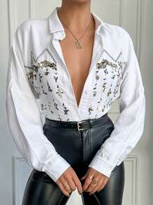 EURMUSE Beaded Embroidery Button Up Long Sleeve Drop Shoulder Shirt - White - View 4