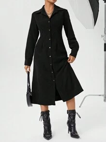 SHEIN Essnce Ladies Corduroy Button Front Dress - Black - View 1