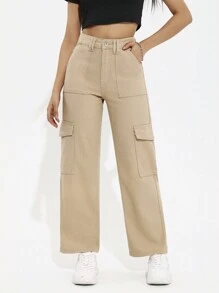 SHEIN PETITE Solid Color Straight Leg Denim Jeans With Cargo Style - Khaki - View 1