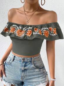 SHEIN Privé 花繡連肩褶邊緊身襯衫 - 黑色 - 查看 1