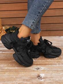 Women's Solid Color Thick Soled Athletic Shoes With Front Lace-Up, Black Sports Shoes Decorated With Tennis Woven Straps For Outdoor Activities