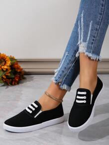 Black Leisure Style Round Toe Contrast Panel Women's Casual Sneakers, For Spring/Autumn - Black - View 2