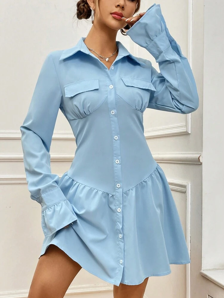 Ladies' Solid Color Button Up Waist-Cinching Ruffle Hem Long Sleeve Dress Fall Cloth For Women