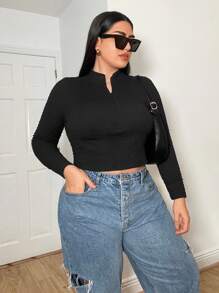 SHEIN Essnce 大尺碼女款半高領短袖上衣,設有拉鍊 - 黑色 - 查看 1