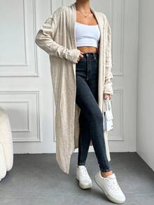 SHEIN Cottnline كارديجان نسائي بأكمام طويلة وكتف منسدل - بيج - مشاهدة 4