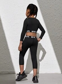 SHEIN 2 件套年轻女孩字母图案短款上衣长袖衬衫和紧身裤运动套装 - 黑色 - 查看 2