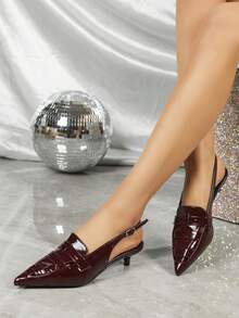 女用尖頭穆勒細高跟涼鞋,編織鞋面高跟瑪莉珍鞋 - 酒紅色 - 查看 3