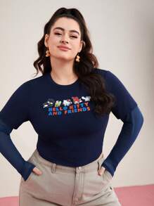 HELLO KITTY AND FRIENDS | SHEIN 卡通標語印花2合1上衣（大尺碼） - 藏蓝色 - 查看 5