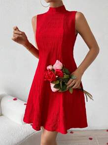 SHEIN Frenchy 女款純色立領連身裙 - 紅色 - 查看 3