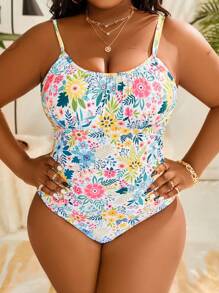 Swim Vcay Traje De Baño De Una Pieza Fruncido Con Estampado Floral Full Bloom De Talla Grande Y Pecho Acolchado - Multicolor - Ver 3