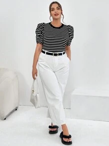 SHEIN Essnce Camiseta de manga abullonada a rayas para uso diario y casual para talla grande en verano