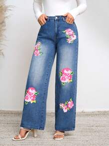 SHEIN Privé Women's Wide Leg Jeans With Flower Print