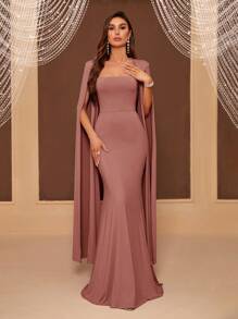 SHEIN Belle Brautjungfer-Kleid für Erwachsene mit weiten Ärmeln, quadratischem Ausschnitt, Taille und Fischschwanz, elegantes langes Ärmel Abendkleid für formelle Anlässe, Hochzeitsgast, Abschlussball, Dinner - Altrosa - Übersicht 3
