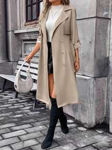 SHEIN Frenchy 雙排釦腰帶風衣外套 - 杏色 - 查看 3