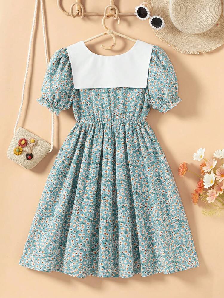 Tween Girls' Printed Woven Floral & Contrast Panel Bubble Short Sleeve Casual Dress With Square Neckline