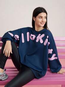 HELLO KITTY AND FRIENDS | SHEIN 女士字母&卡通印花垂肩長袖運動衫 - 寶藍色 - 查看 2