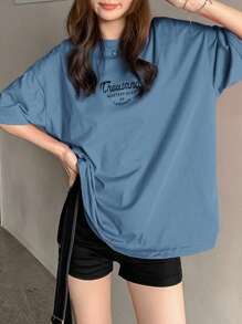 DAZY Letter Print Short Sleeve T-Shirt Thousand MASTERPIECES OF LABORER Summer Oversized T-Shirt - Blue - View 5