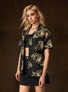 HOUSE OF THE DRAGON X SHEIN Unisex 1pc All Over Print Short Sleeve Shirt - Black - View 5