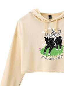 Catsneeze 女士頭骨和字母印花帶束口帽子短款連帽衛衣 - 杏色 - 查看 5