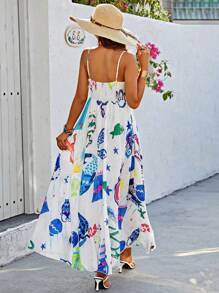 SHEIN Holidaya Seabed Animal Print Spaghetti Strap Dress Maxi Women Outfit - White - View 2