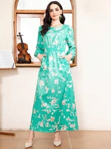 阿拉伯优雅圆领花卉拼色口袋泡泡袖连衣裙 - 綠色 - 查看 2