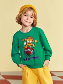 GARFIELD | SHEIN 少女卡通印花圓領運動衫 - 綠色 - 查看 4