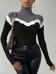 SHEIN Essnce 女款修身高領拼色毛衣 - 灰色 - 查看 4