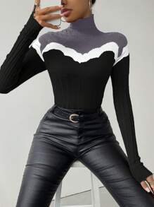 SHEIN Essnce 女款修身高領拼色毛衣 - 灰色 - 查看 5