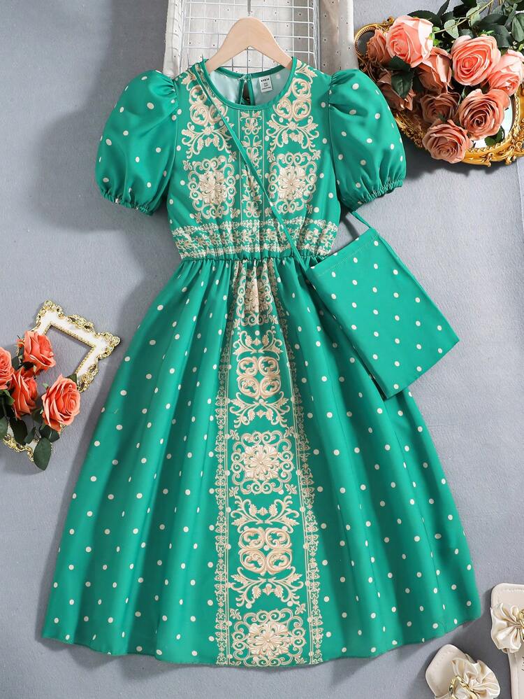 Tween Girls Polka Dot And Baroque Printed Puff Sleeve Bubble Dress