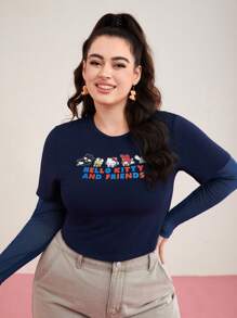 HELLO KITTY AND FRIENDS | SHEIN 卡通標語印花2合1上衣（大尺碼） - 藏蓝色 - 查看 4