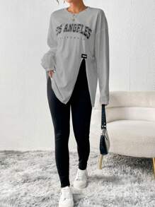 SHEIN Essnce Ladies' Two Piece Set With Split Letter Printed Top And Solid Color Leggings - Light Grey - View 1