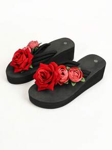 Sandalias Casuales De Moda Con Flores Rojas Para Mujer, Bonitas Zapatillas De Playa De Tacón De Cuña Cómodas Con Suela Suave, Zapatillas Antideslizantes Con Suela Para Las Vacaciones En Casa - Burdeos - Ver 7