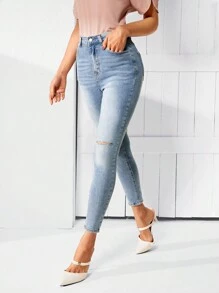 SHEIN LUNE Women's Distressed Slim Fit Jeans - Medium Wash - View 1